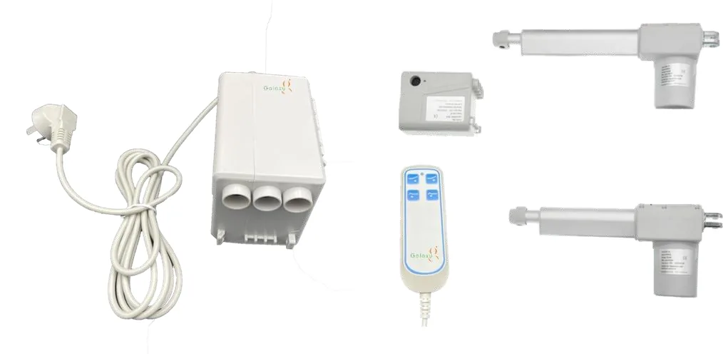 GX-42 control box for two linear actuators shown with handset and actuator